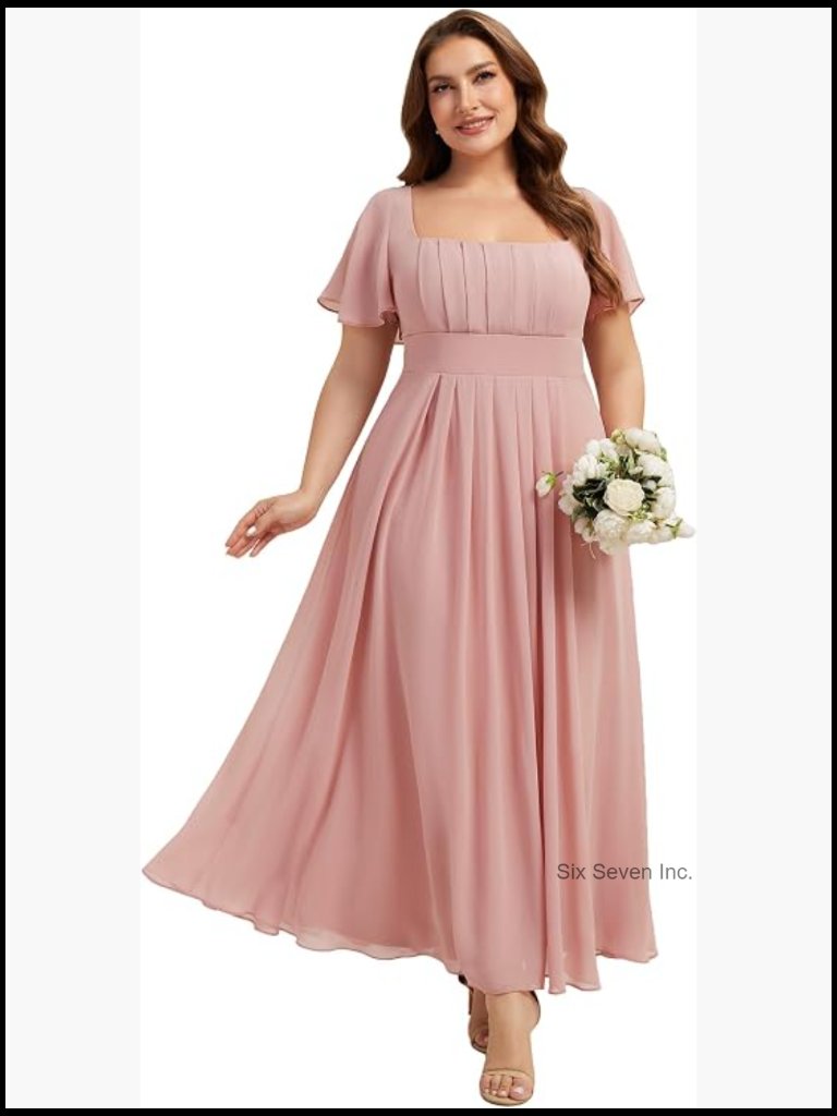 Plus Size Square Neck Ruched Bridesmaid Dress Chiffon Floor Length